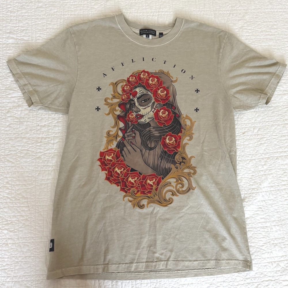 Affliction Black Label Mens Sugar Skull Rose Winged Heart Graphic T-Shirt Large